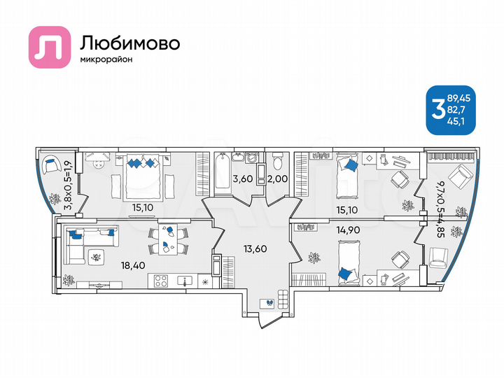 3-к. квартира, 89,5 м², 23/24 эт.