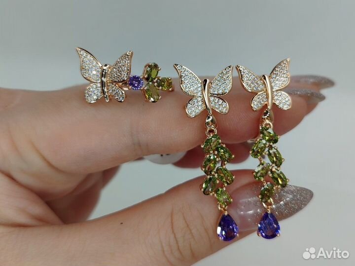 Набор, бабочки, хризолит, 19р, покрытие золото