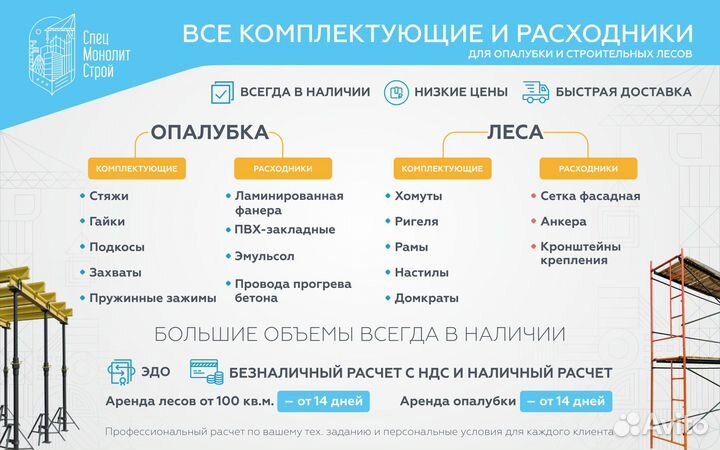 Опалубка для стен и колонн в аренду. Продажа