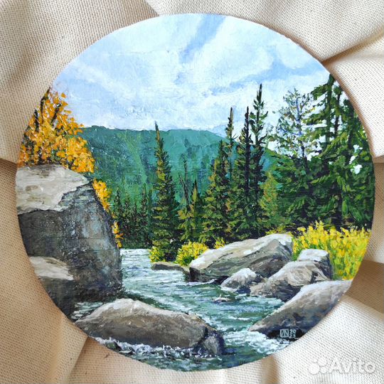 Картина акрилом. Пейзаж с водой. 20 см