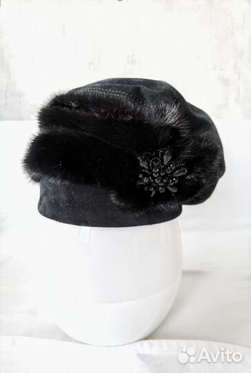Шапка берет натуральная кожа, мех норки