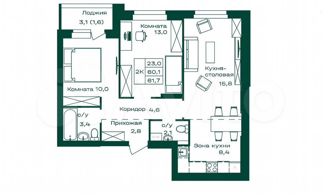 2-к. квартира, 61,7 м², 3/8 эт.