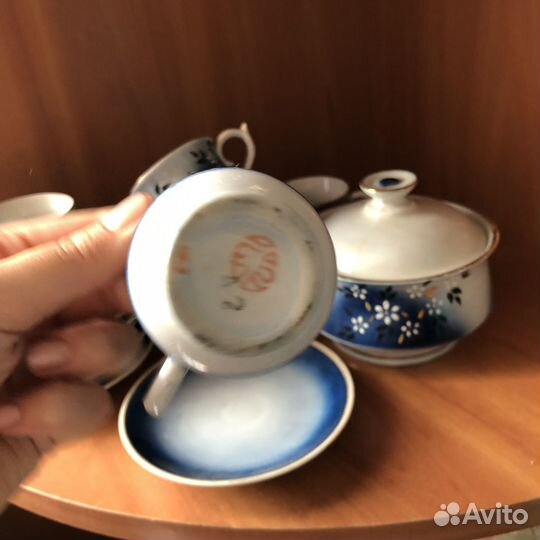 Сервиз кофейный СССР синий винтаж Бронницкий