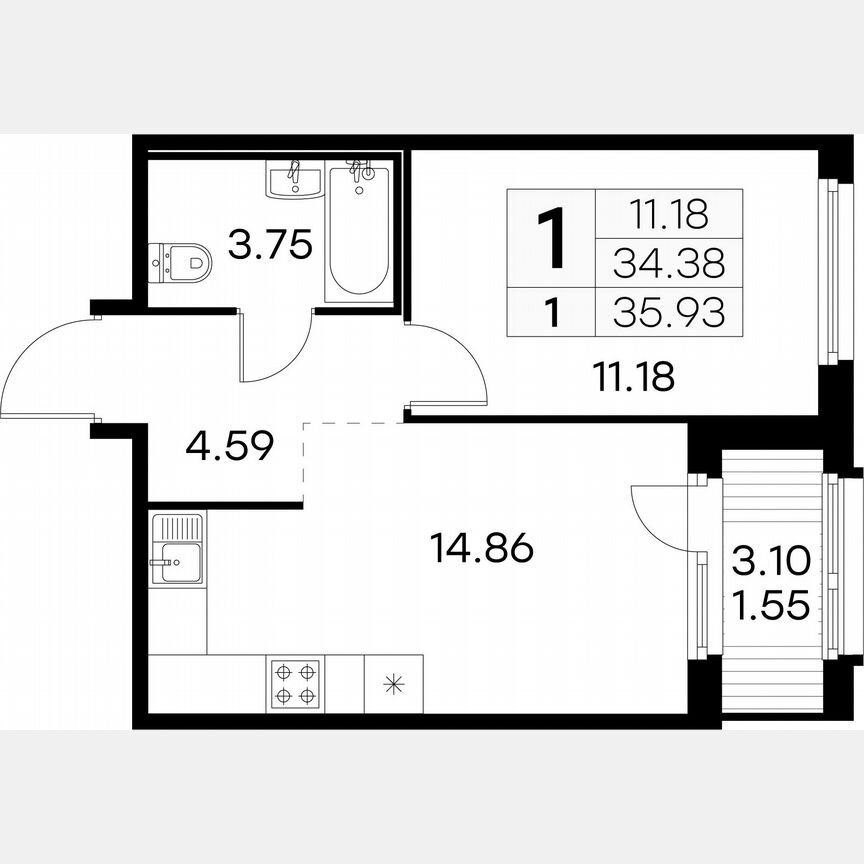 1-к. квартира, 35,9 м², 2/15 эт.