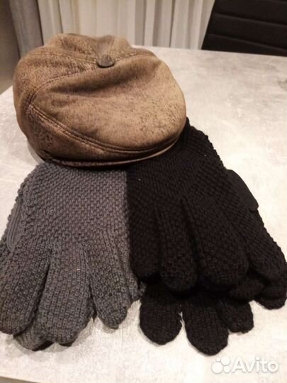 Кепка муж утепл экокожа б/у перчатки новые