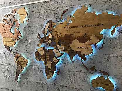 Карта мира деревянная с подсветкой, панно из дерев