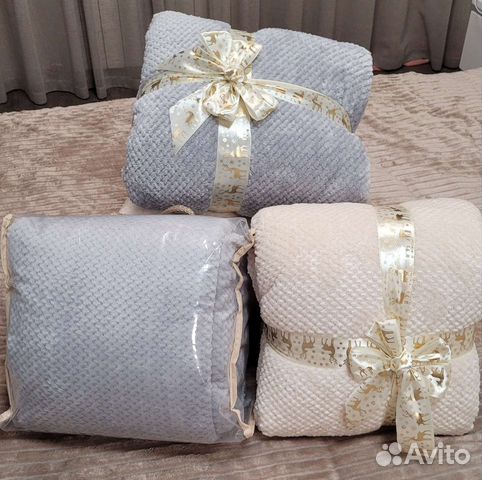 Новый плед молочный, серый на кровать