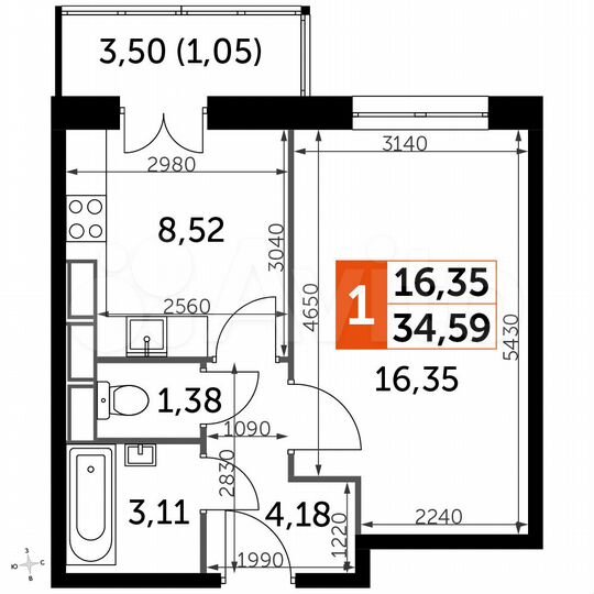 1-к. квартира, 34,6 м², 18/19 эт.