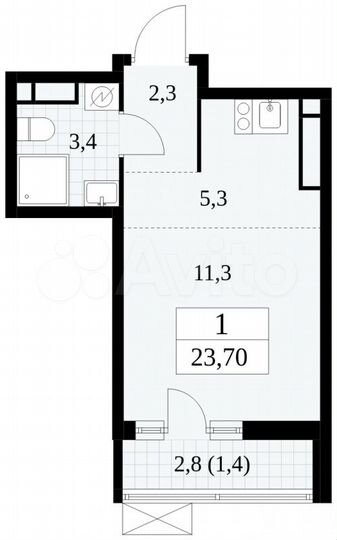 Квартира-студия, 23,7 м², 15/16 эт.