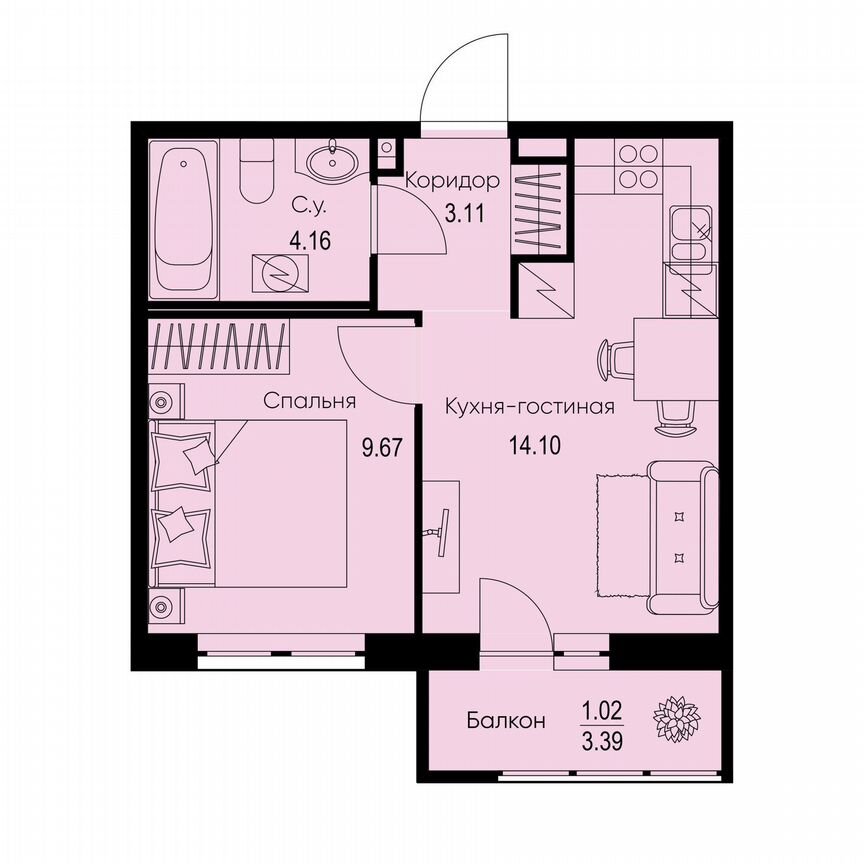 1-к. квартира, 32,1 м², 2/9 эт.