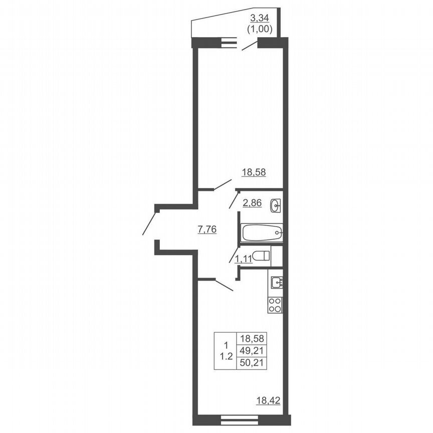1-к. квартира, 50,2 м², 7/16 эт.
