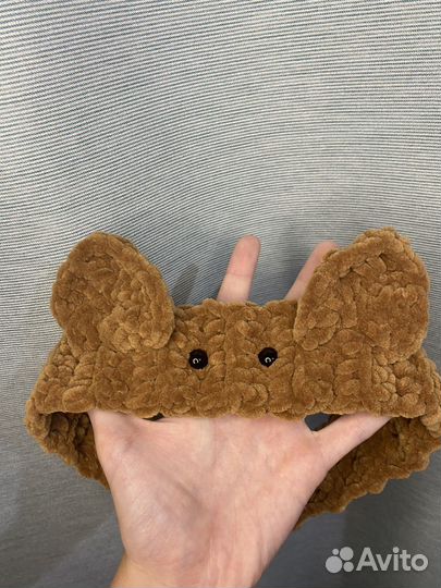 Повязка на голову с ушками вязаная плюшевая