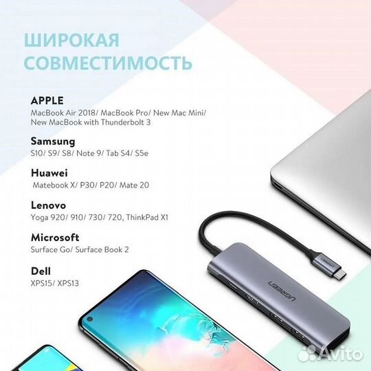 Адаптер ugreen USB-C to 2 Ports USB3.0-A + hdmi +