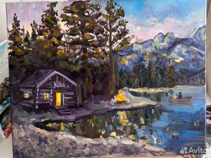 Картина маслом на холсте пейзаж горы лес домик