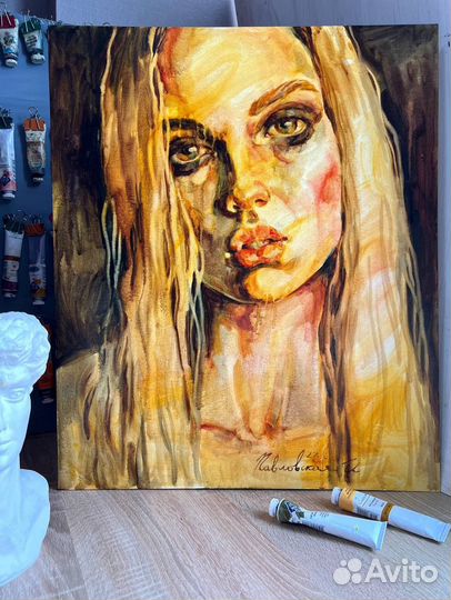 Картина маслом портрет девушка эмоции стильная э