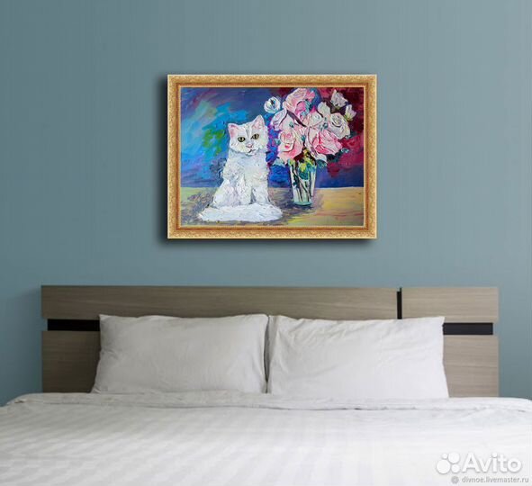 Картина Кот и цветы букет белый пушистый котик мас