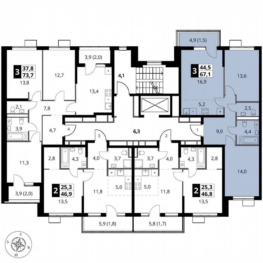 2-к. квартира, 67,1 м², 8/9 эт.