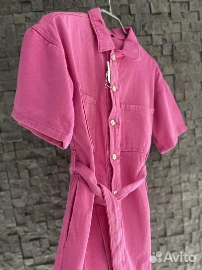 Платье комбинезон джинсовый фуксия