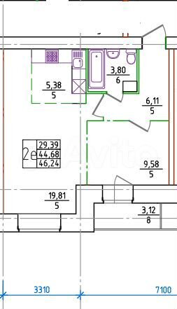 2-к. квартира, 46,2 м², 7/13 эт.