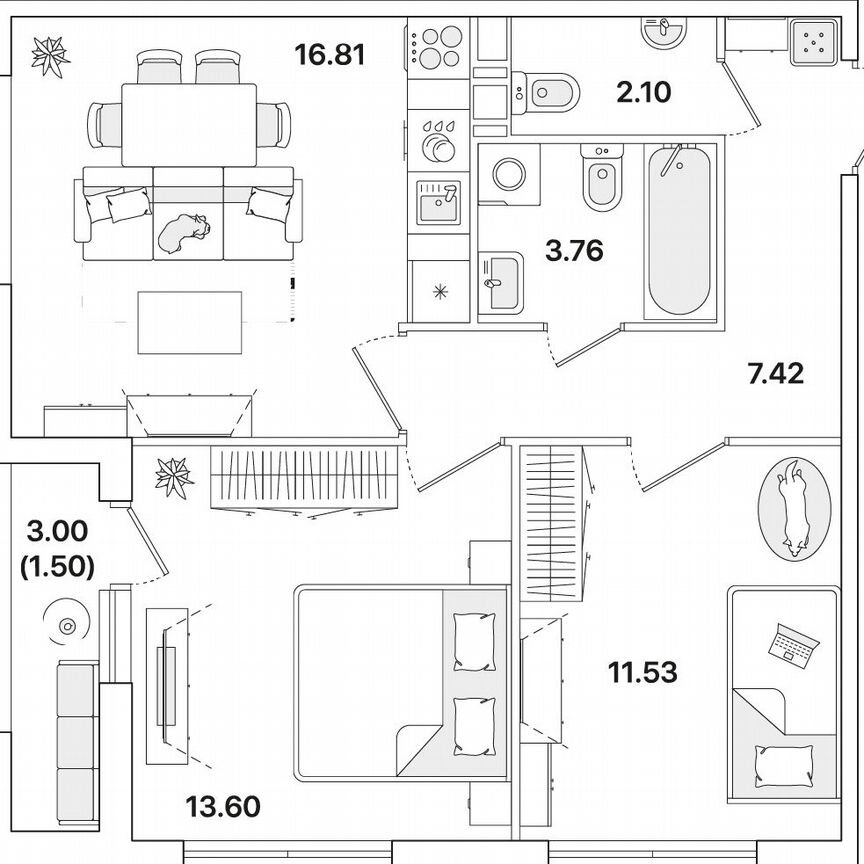 2-к. квартира, 56,7 м², 9/12 эт.