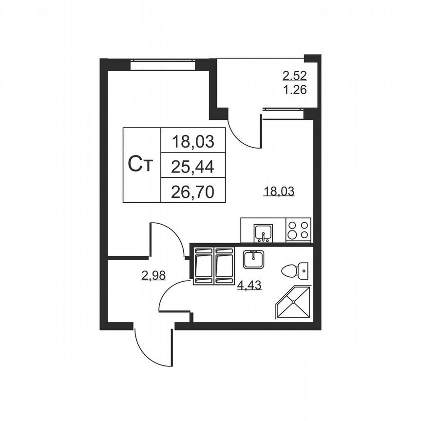 Квартира-студия, 26,7 м², 15/19 эт.