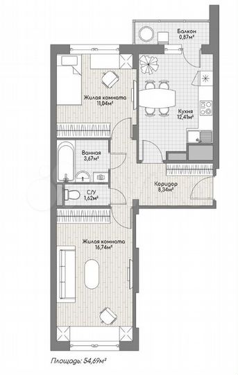 2-к. квартира, 54,4 м², 3/10 эт.