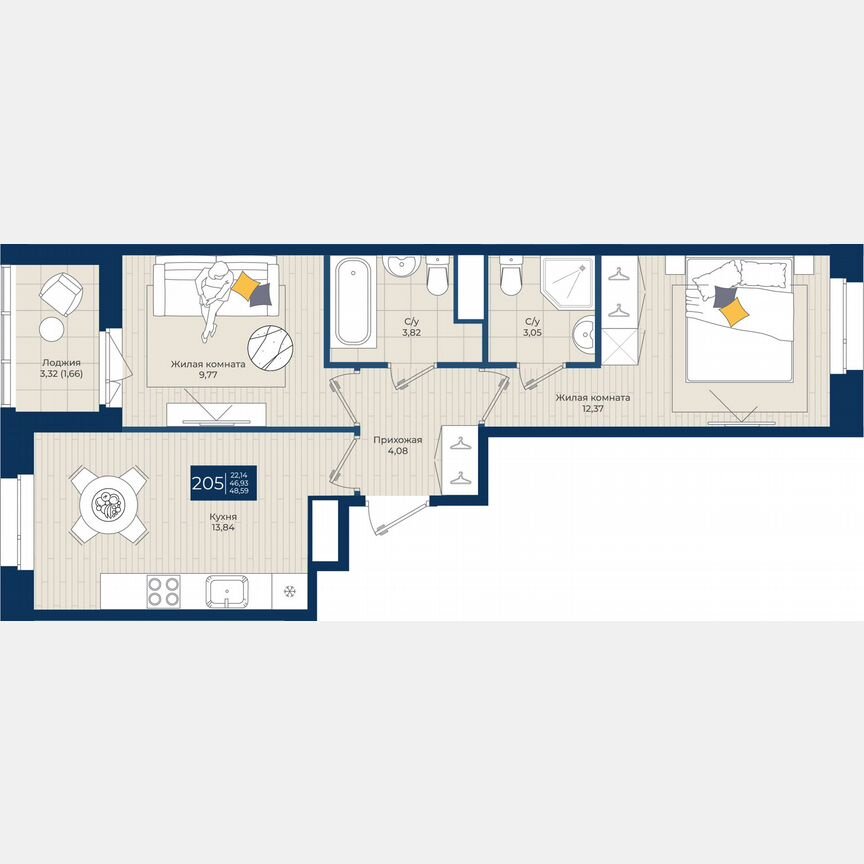 2-к. квартира, 48,6 м², 12/12 эт.