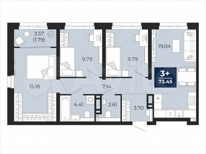 3-к. квартира, 73,5 м², 4/22 эт.