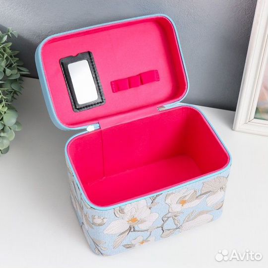 Шкатулка кожзам с зеркалом 'Цветы. Голубой' набор