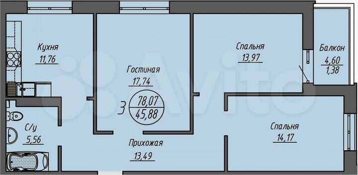 3-к. квартира, 78,1 м², 13/24 эт.
