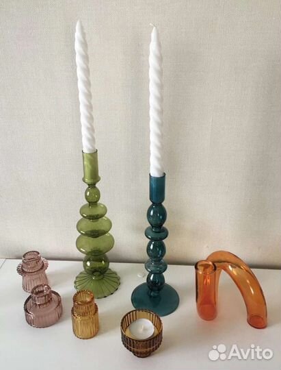 Подсвечник винтажный интерьерный цветное стекло