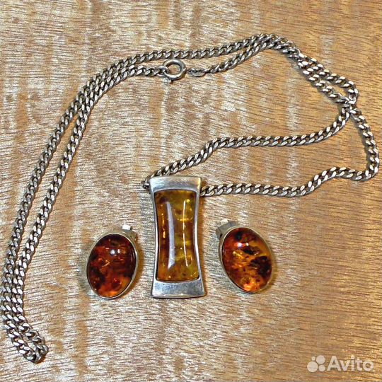 Цепочка.Клипсы.Янтарь Балтийский.925 Серебро