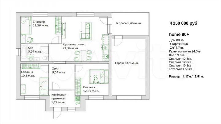 Дом 80 м² на участке 10 сот.