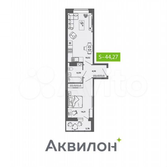 1-к. квартира, 44,3 м², 3/9 эт.