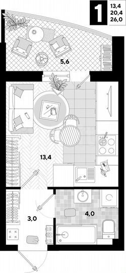 Квартира-студия, 26 м², 2/16 эт.