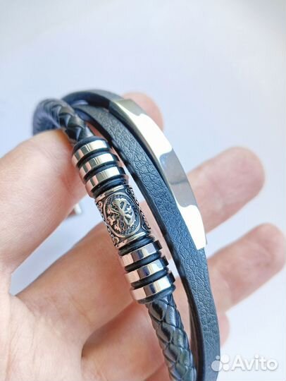 Браслет мужской серебро кожаный браслет Вегвизир