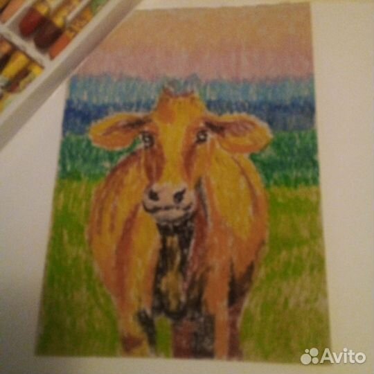 Картина пастель лето корова кухня