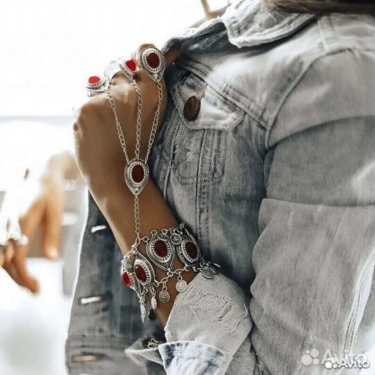 Браслет с кольцом слейв посеребренный Жади