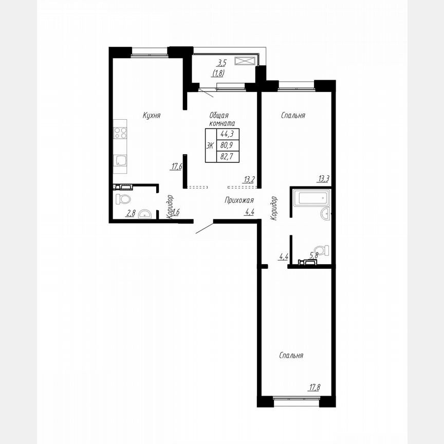 3-к. квартира, 82,7 м², 6/17 эт.