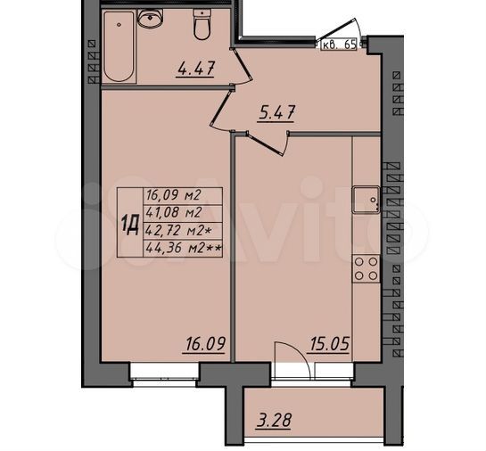 1-к. квартира, 42,7 м², 4/4 эт.