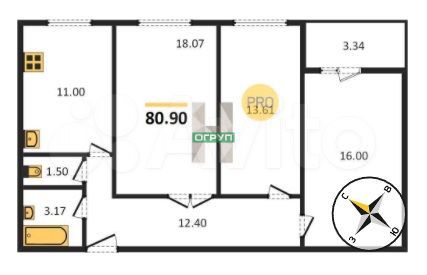 3-к. квартира, 80,9 м², 1/16 эт.