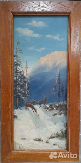 Картина маслом на фанере, старая