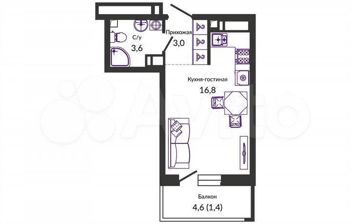 Квартира-студия, 25,1 м², 21/24 эт.