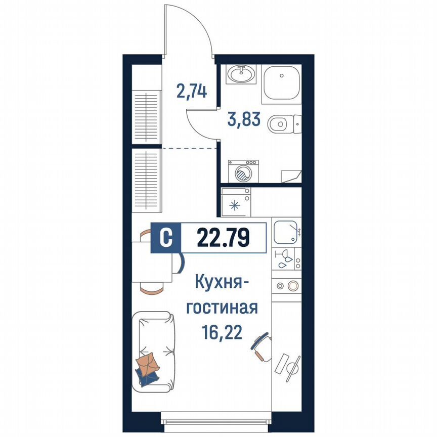 Квартира-студия, 22,8 м², 2/18 эт.