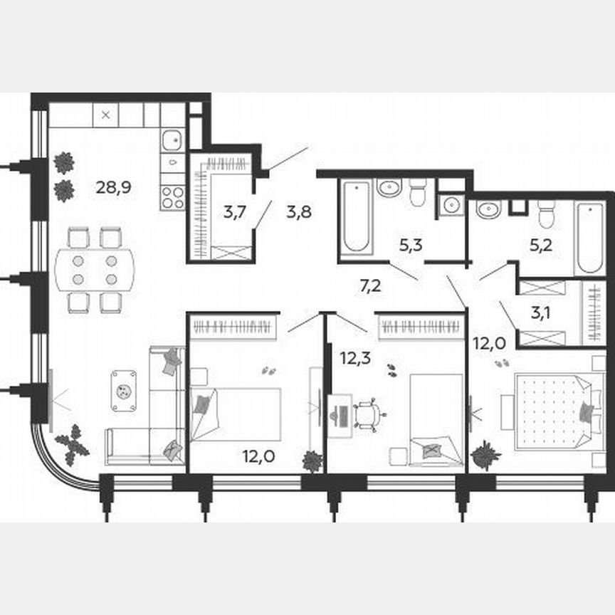 3-к. квартира, 93,5 м², 7/7 эт.