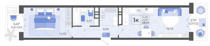 1-к. квартира, 48 м², 2/14 эт.