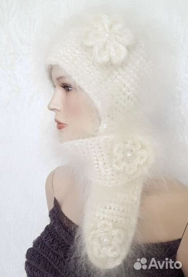 Шапка ушанка пуховая вязаная Ручная работа