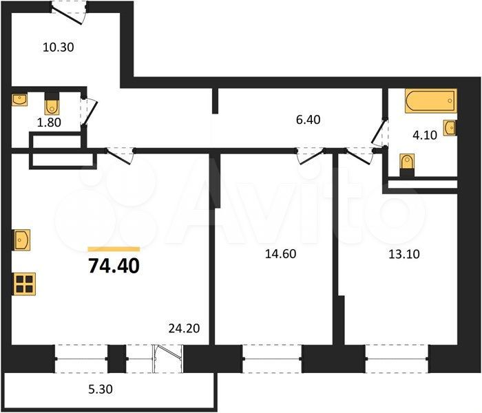 2-к. квартира, 74,4 м², 17/25 эт.