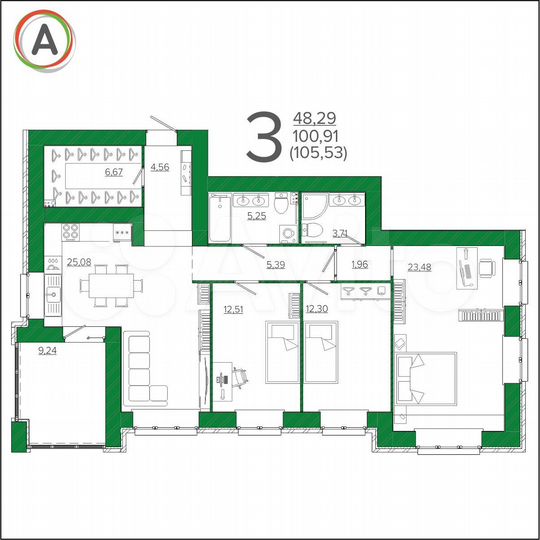 3-к. квартира, 105,5 м², 3/9 эт.
