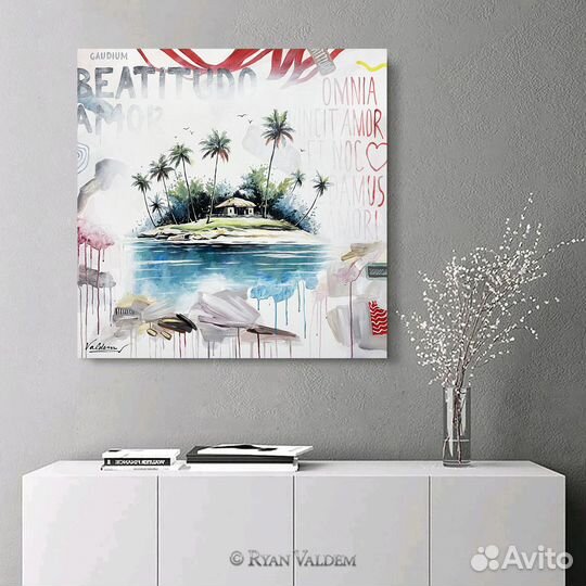 Современная картина, Остров, 80х80см, Пальмы, Море